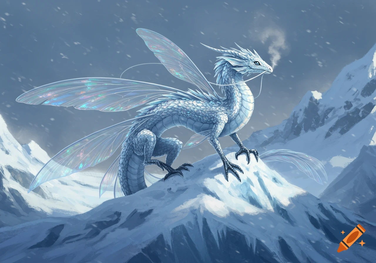 A majestic white winged dragon stands on a snowy mountain peak, breathing steam into the cold air as snow falls.