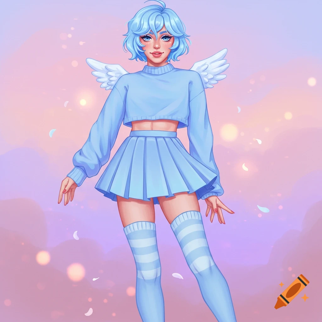 Anime-style femboy with pastel blue hair, crop top, pleated skirt, and striped thigh-highs, with small white wings, against a dreamy sky.