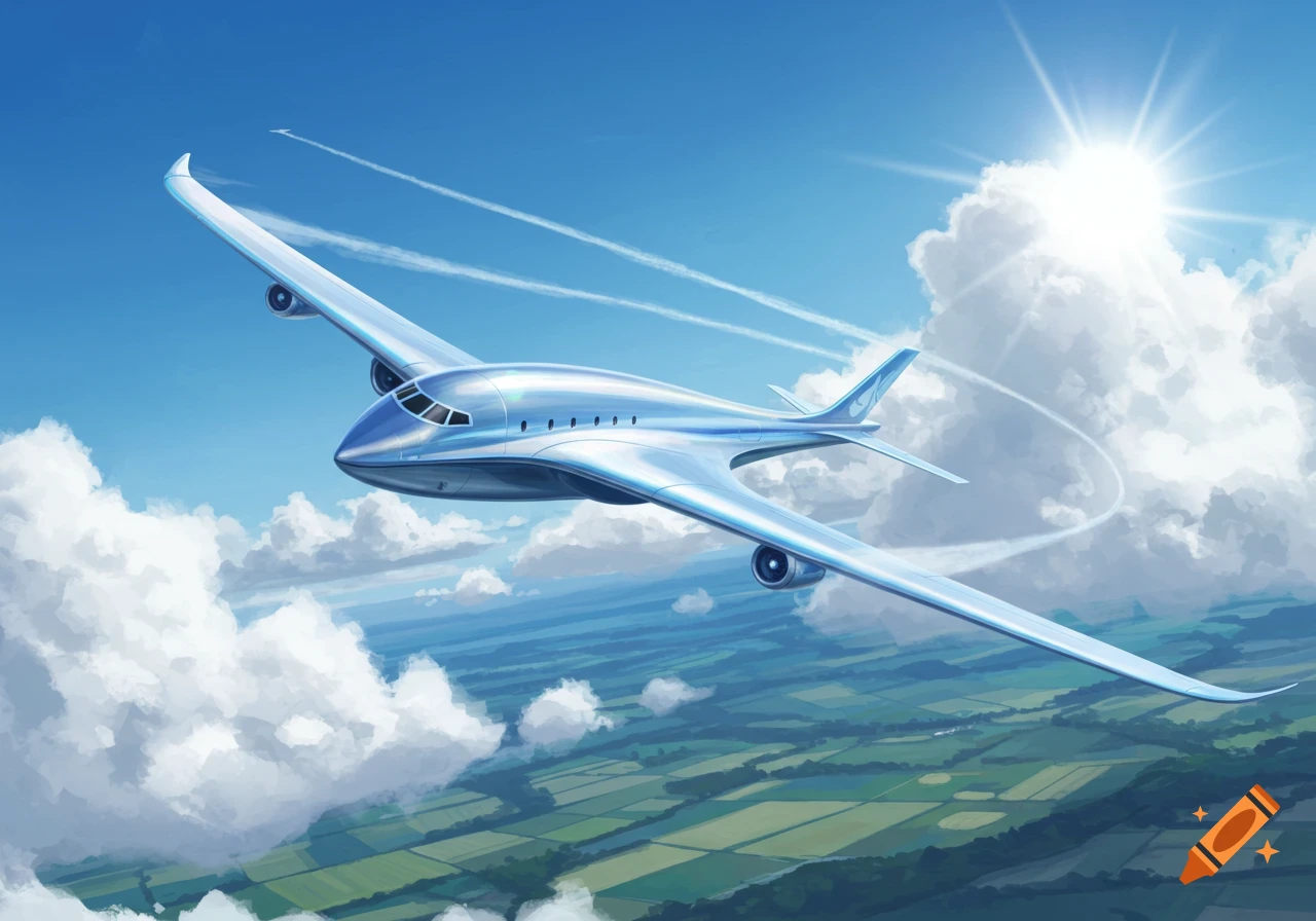 A sleek, futuristic silver airplane flies high in a bright blue sky with white clouds over a green landscape, with the sun shining.