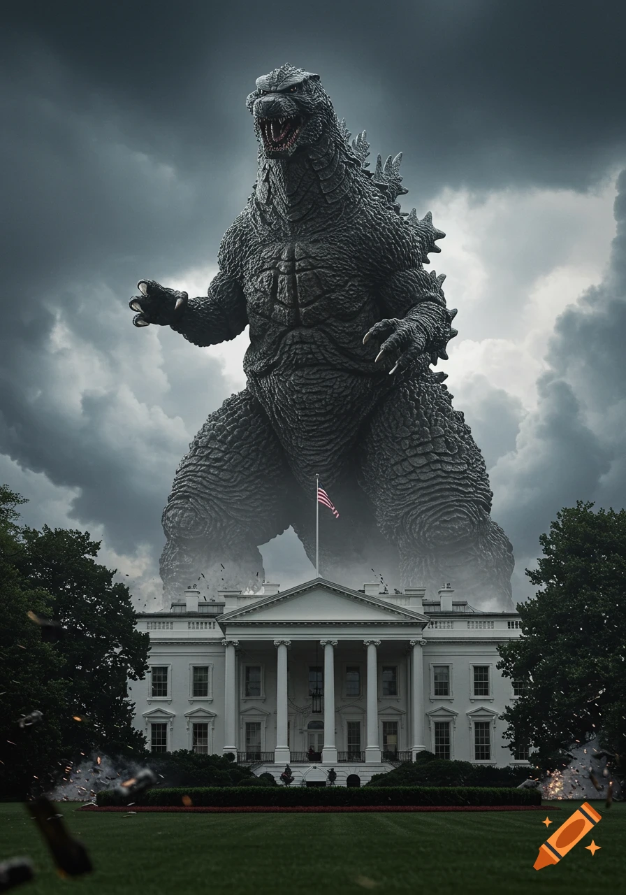 Giant Godzilla looms over the White House under a stormy sky, causing destruction.