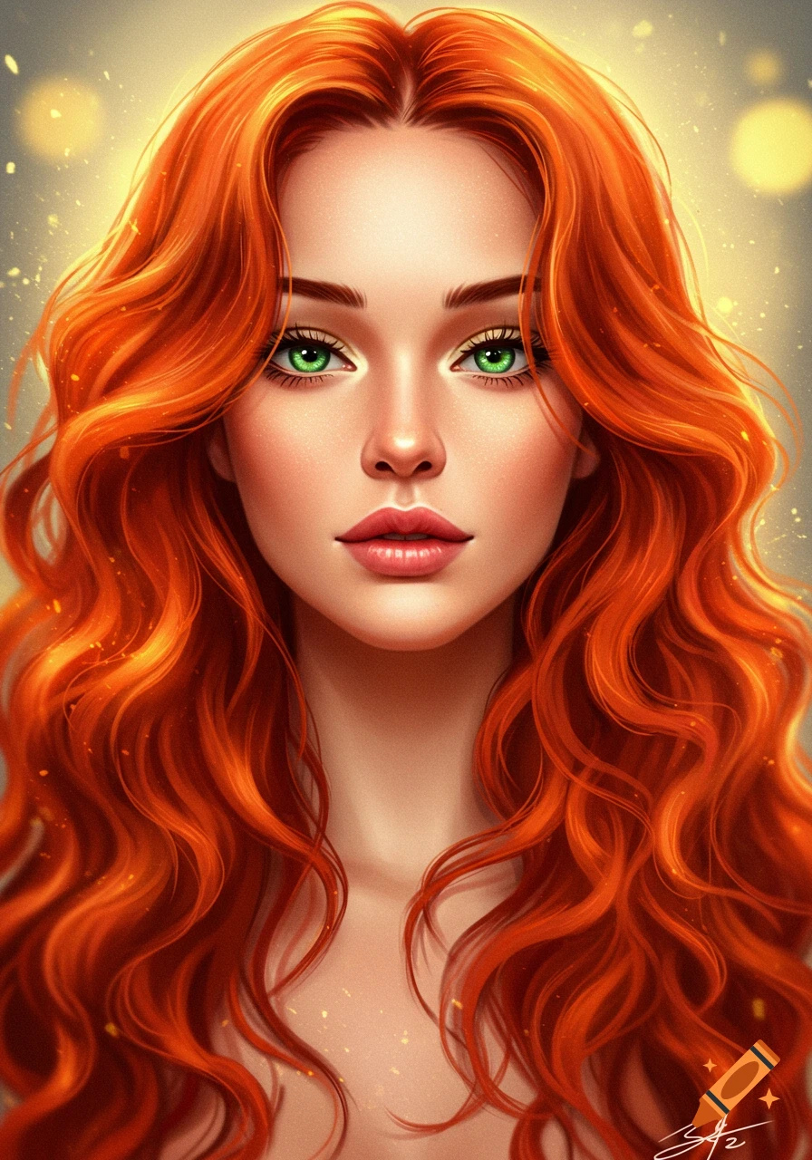 Close-up digital painting of a woman with bright red wavy hair and striking green eyes against a sparkling, glowing background.