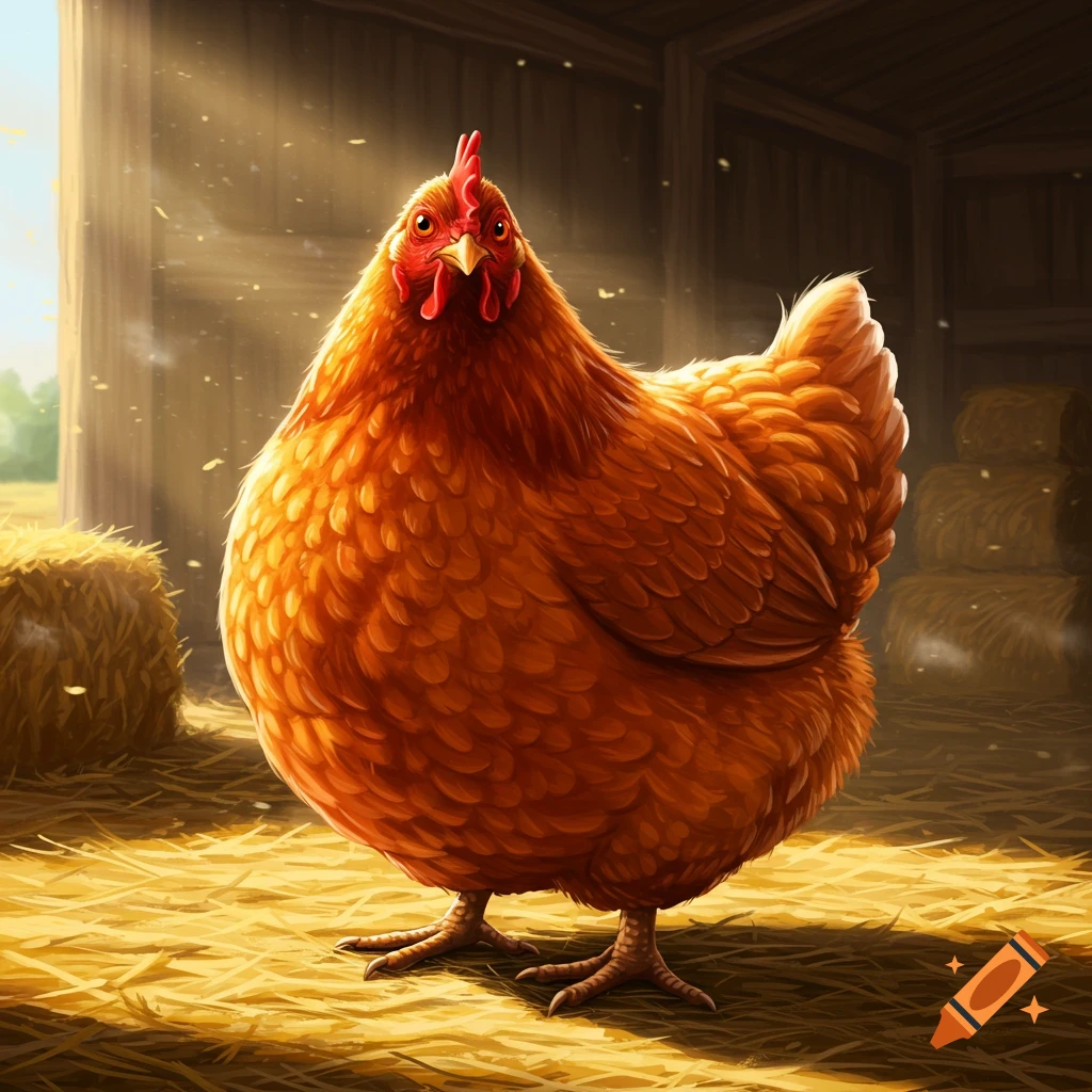 A fluffy brown chicken stands on hay in a sunlit barn.