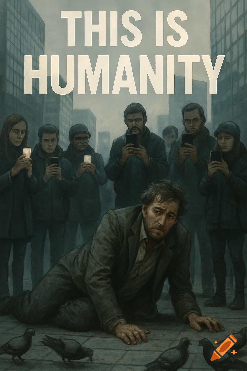 Painterly illustration: a distressed man lies on city ground, filmed by a crowd on phones. Overhead text says 'THIS IS HUMANITY'.