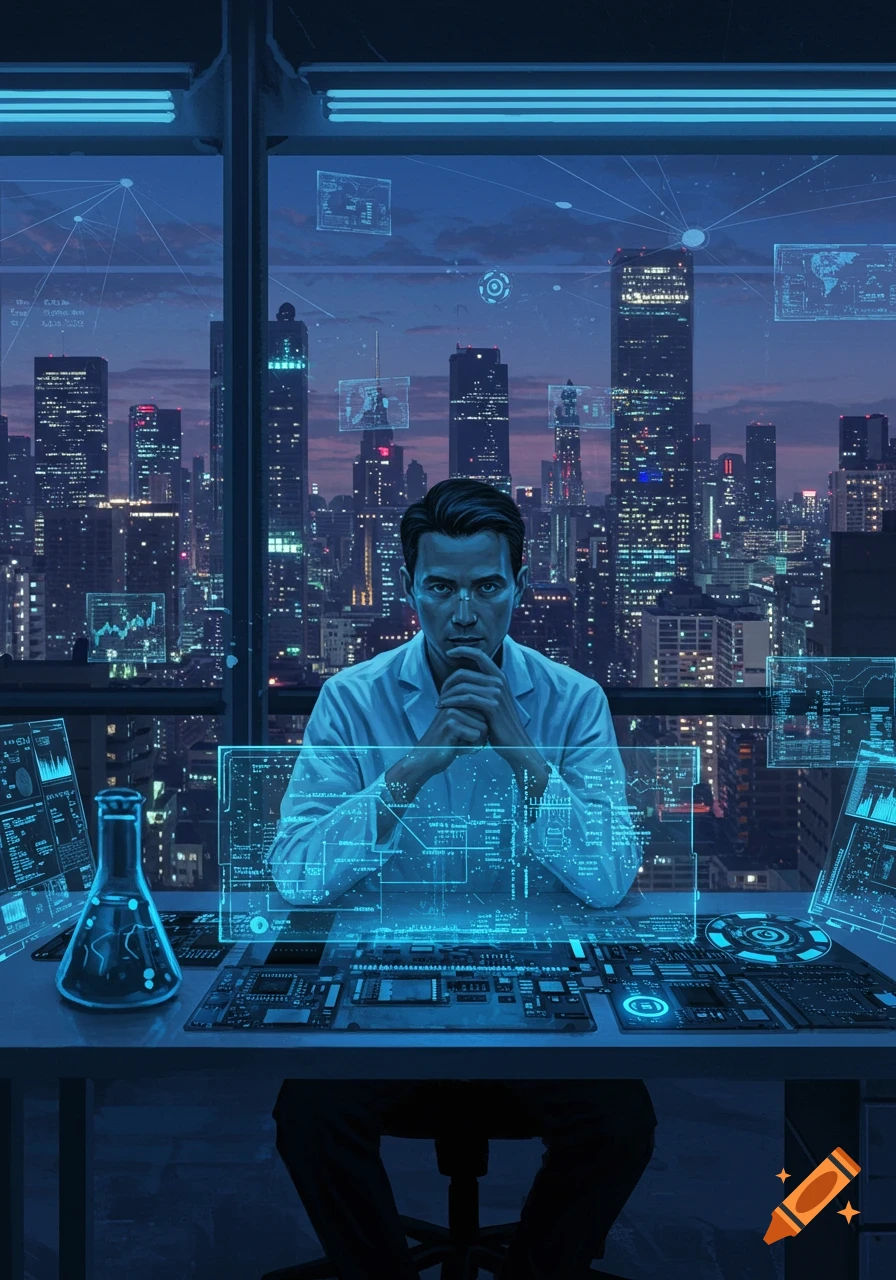 A man in a lab coat at a desk with glowing holographic screens, overlooking a futuristic city skyline at night. Digital art.