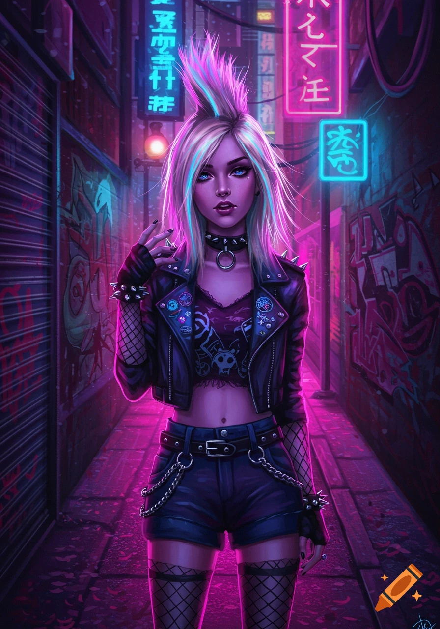 A punk-style girl with blonde and blue-streaked hair, a studded leather jacket, crop top, and fishnets stands in a neon-lit urban alley.