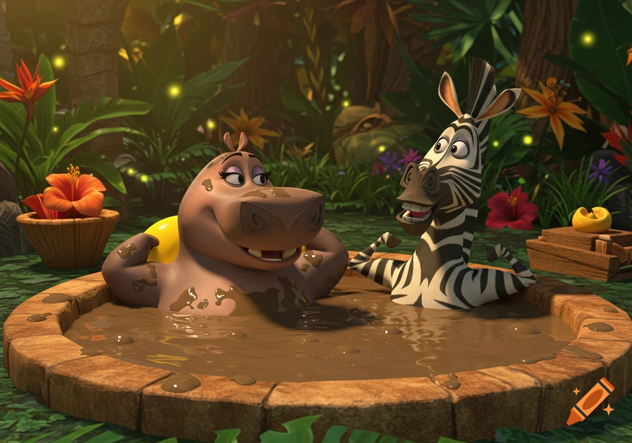 Gloria the hippo and Marty the zebra relax in a mud hot tub in a vibrant jungle, 3D animation.