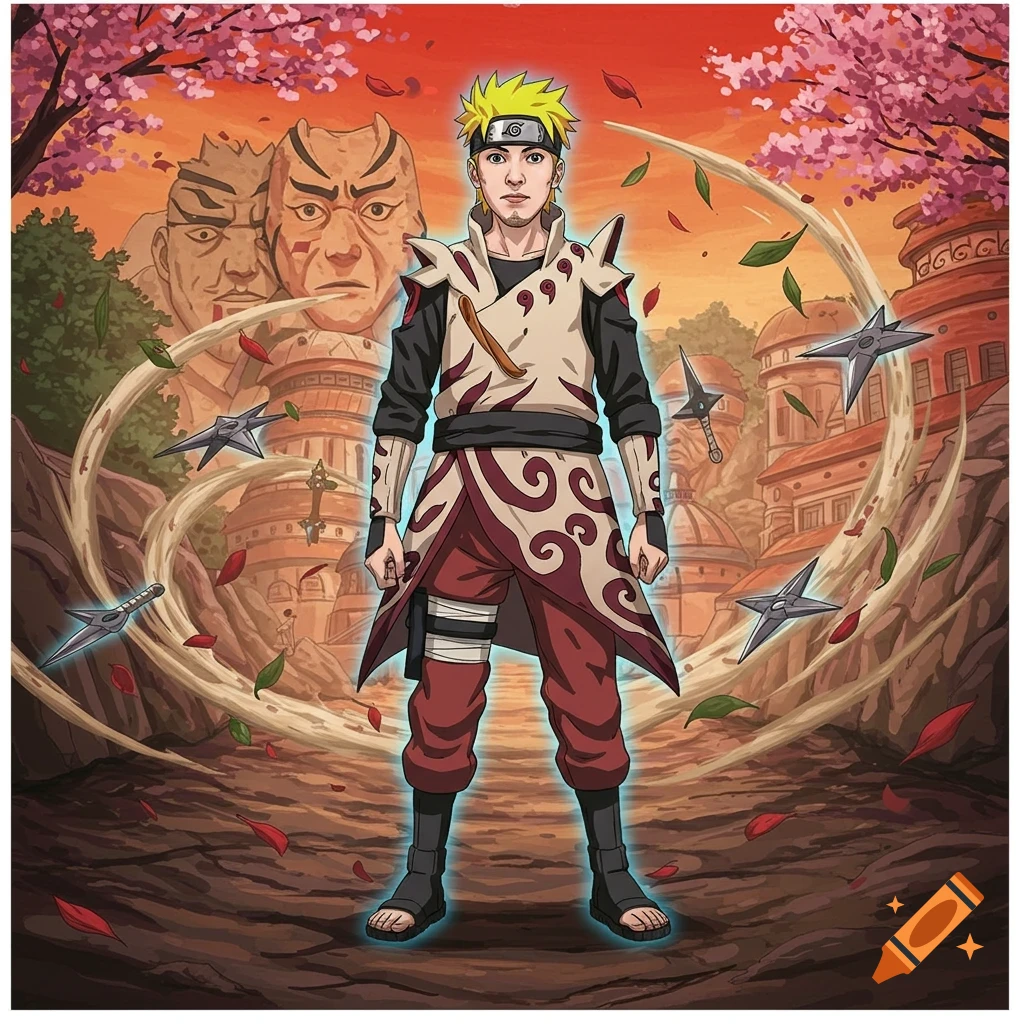An anime-style character in a Naruto-like outfit, with spiky yellow hair, stands in a village with stone carvings and falling leaves.