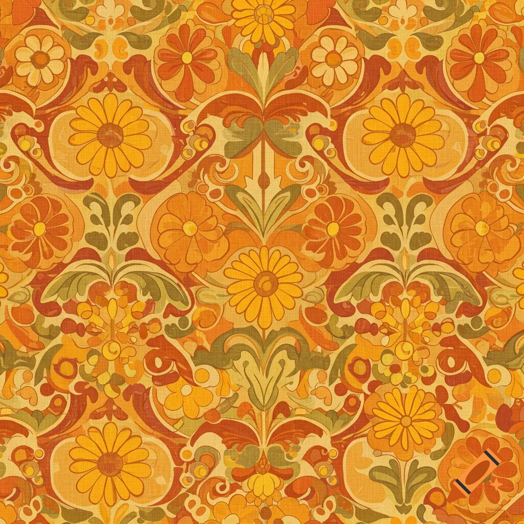 A seamless vintage 1970s floral upholstery pattern in shades of orange, yellow, and green.
