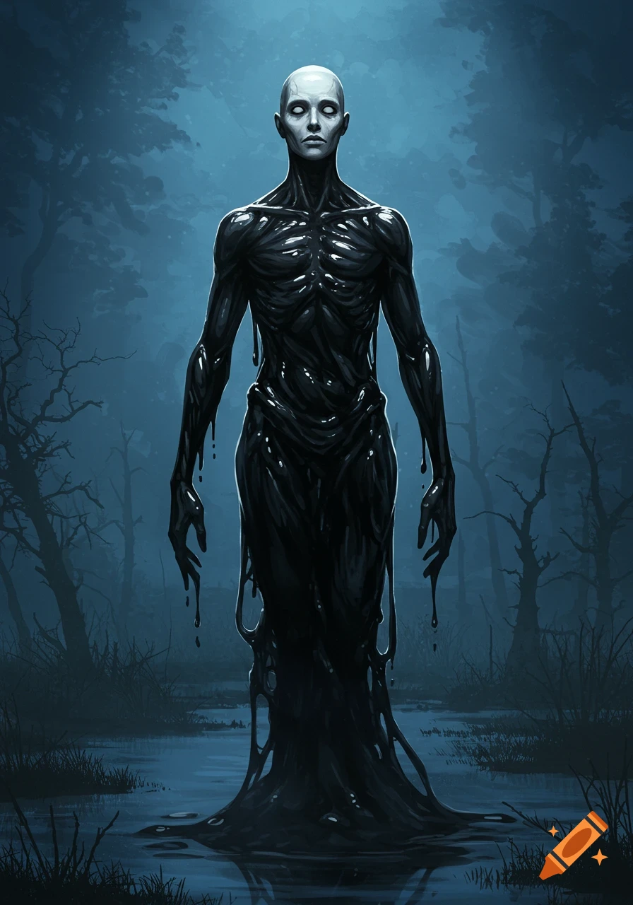 A tall, pale-faced humanoid figure made of glossy black sludge stands in a dark, misty swamp, digital art.