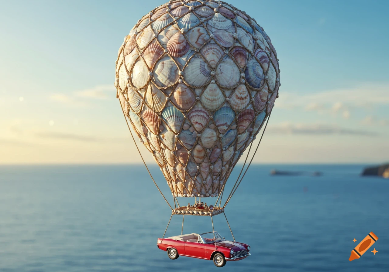 A seashell hot air balloon carries a red vintage convertible car over a vast blue ocean under a clear sky.