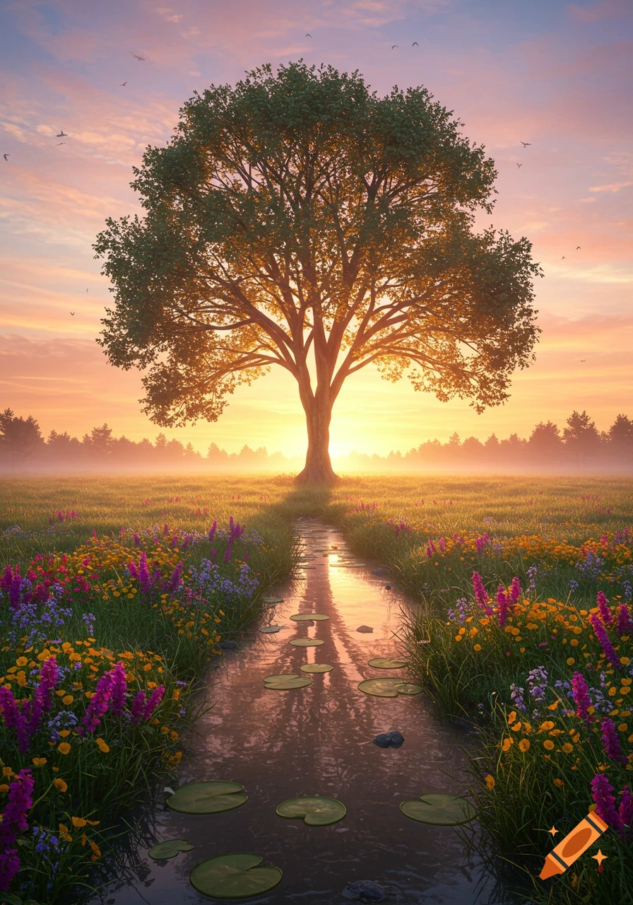 A large, leafy tree stands at the end of a winding stream through a field of colorful wildflowers at sunset.