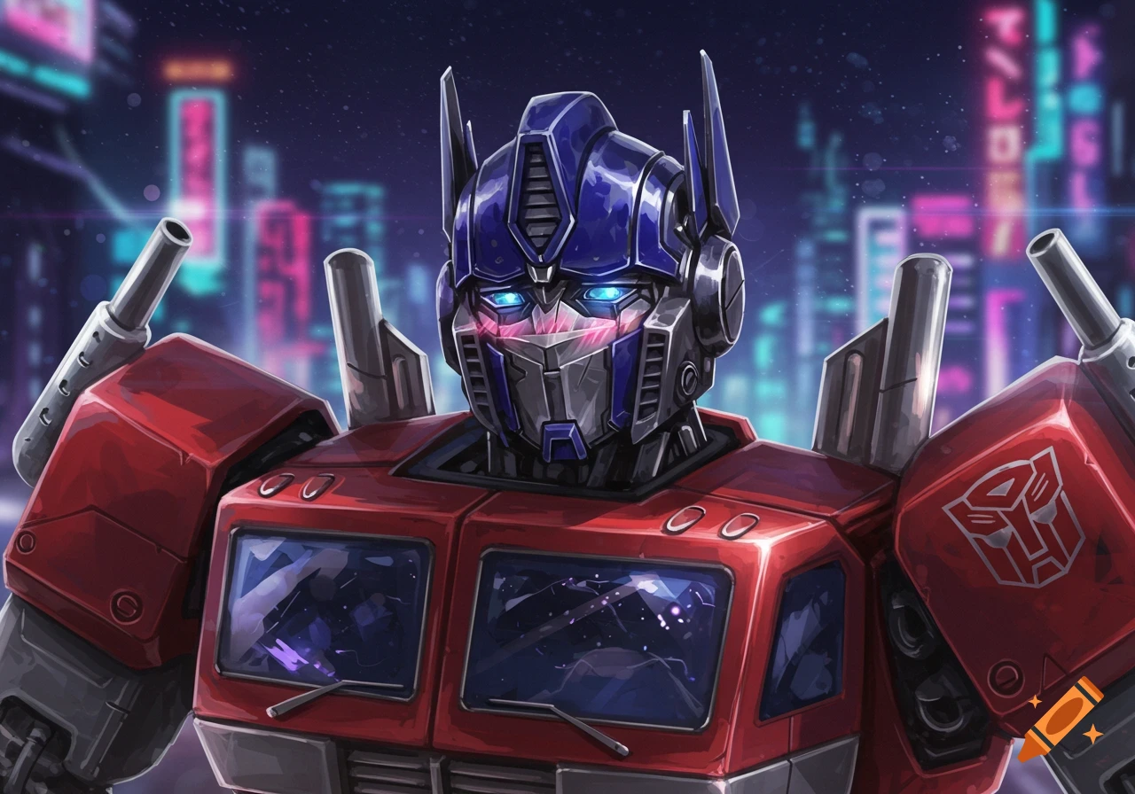 Close-up of Optimus Prime from Transformers, blushing with blue eyes, against a neon cyberpunk city background in anime style.