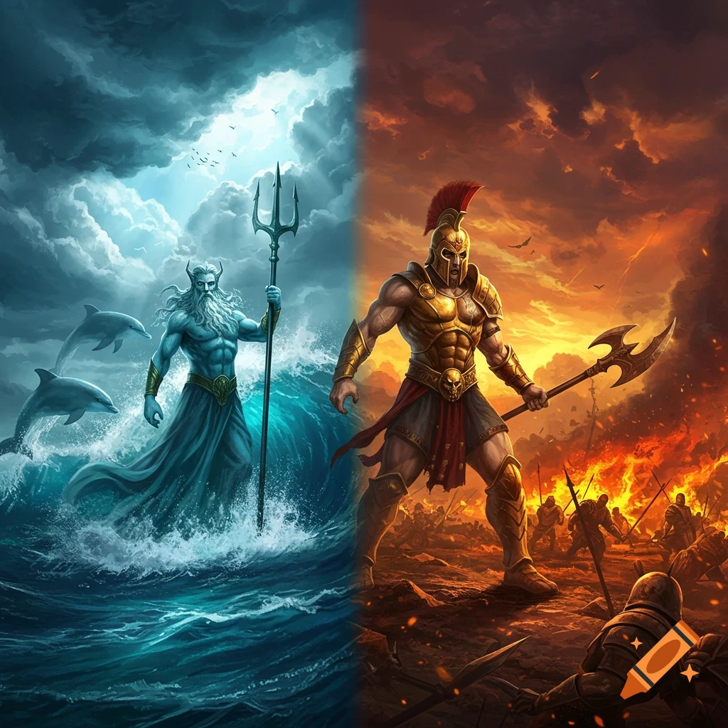 A split image showing a sea god with a trident and dolphins in turbulent waters on the left, and a god of war in armor with an axe on a fiery battlefield on the right.