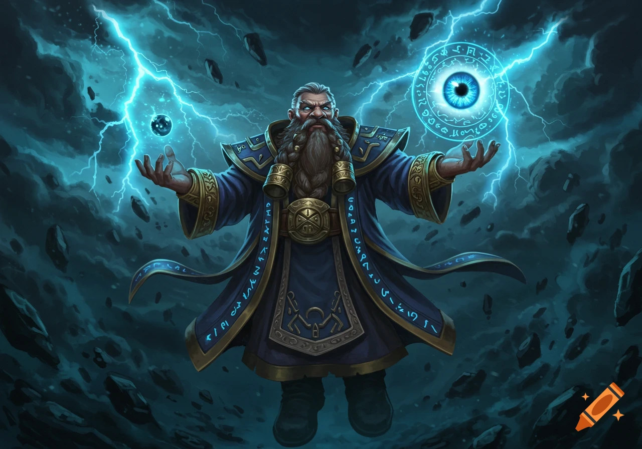 A dwarf wizard floats, conjuring a glowing blue eye and lightning in a dark, stormy sky with floating rocks. Fantasy art.