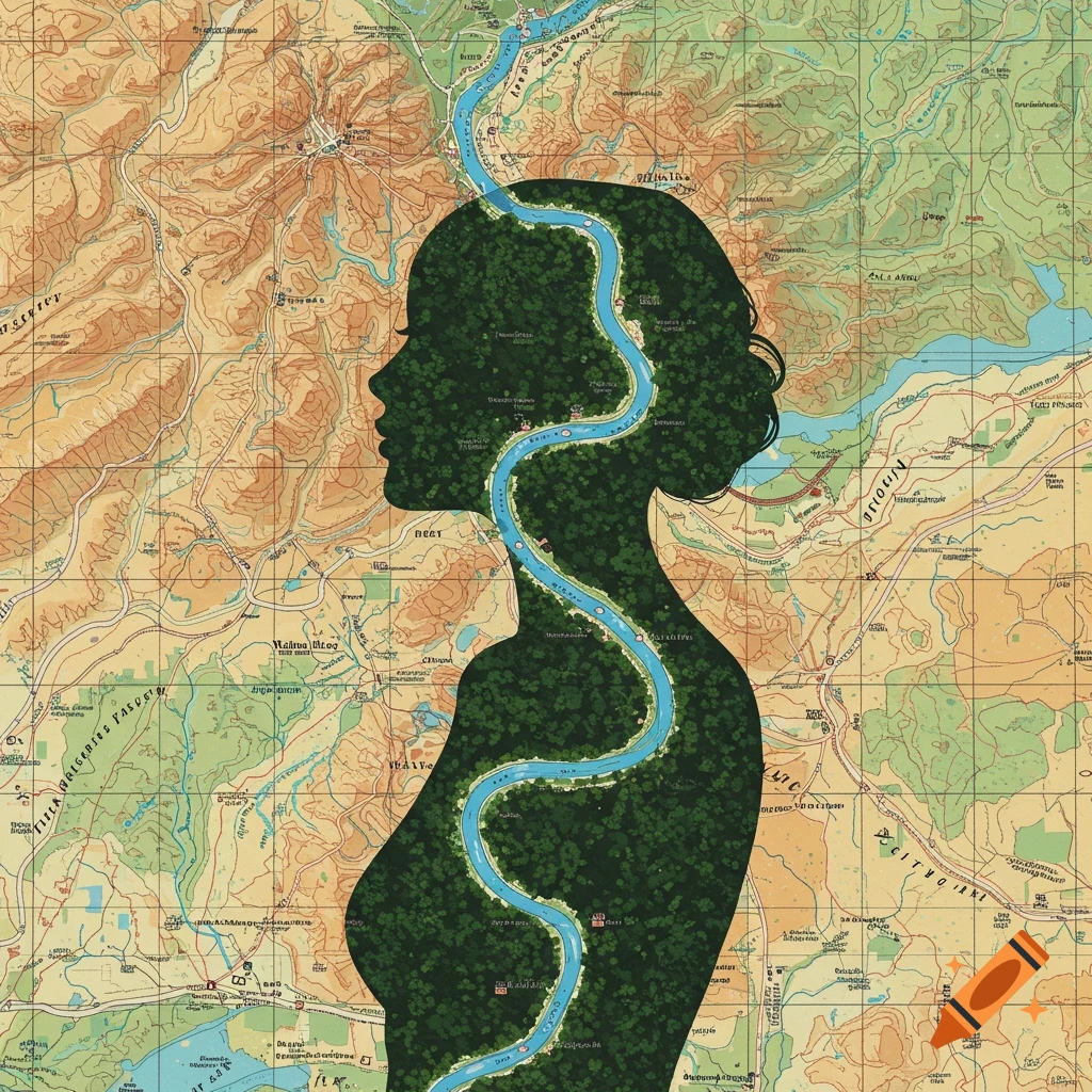 A woman's silhouette, filled with a winding river through a forest, overlays a vintage topographic map.
