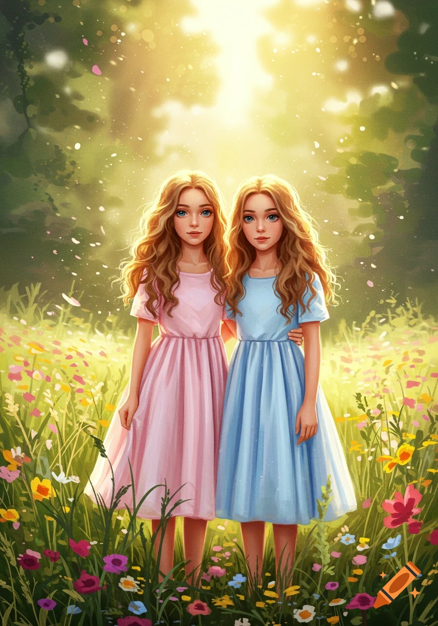 Digital illustration of two twin girls in pastel dresses standing in a sunny wildflower meadow.