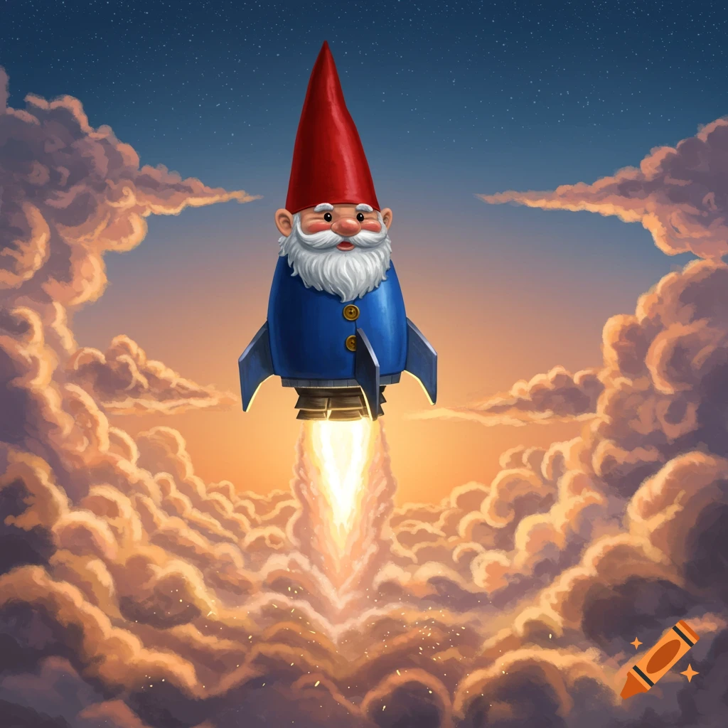 A whimsical gnome-themed rocket launches into a starry sky filled with orange and purple clouds.