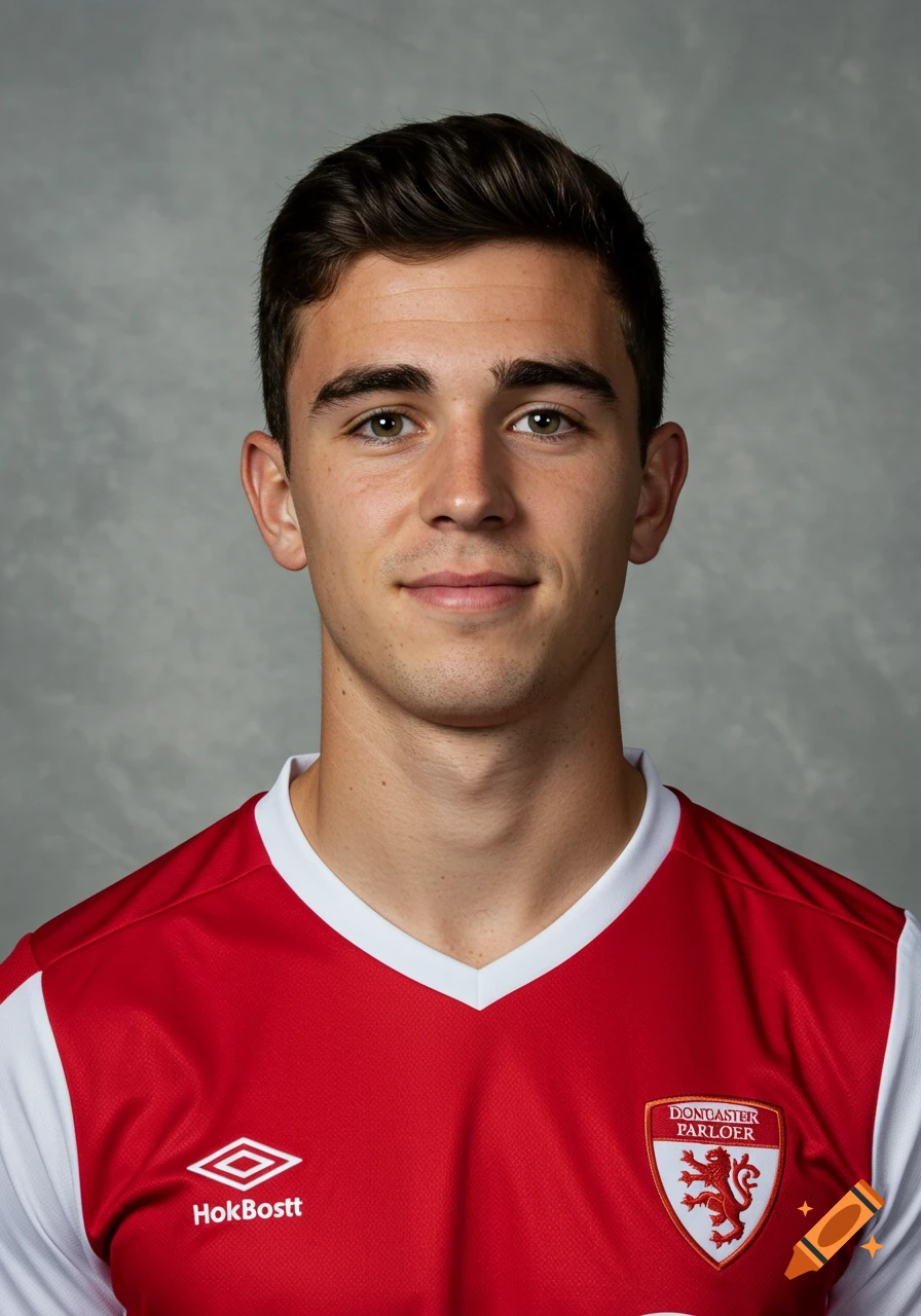 A young man with short dark hair and green eyes in a red and white football jersey, looking directly at the viewer.