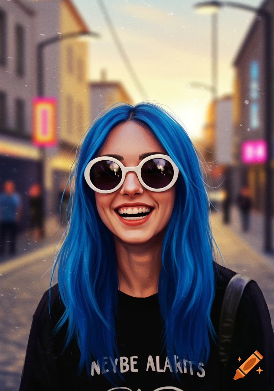 A close-up portrait of a smiling woman with bright blue hair and round white sunglasses in a blurry city street.