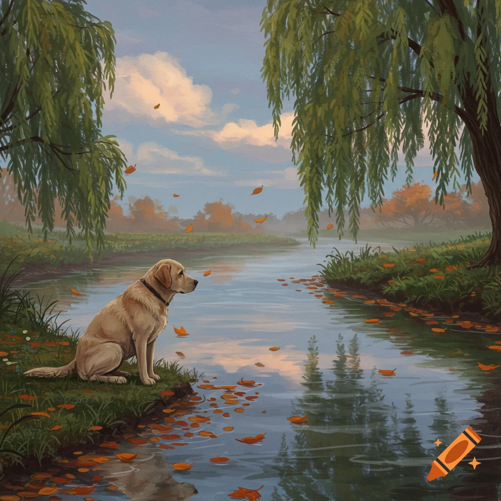 A golden Labrador sits on a grassy riverbank under weeping willows, watching autumn leaves float on the water in a painterly illustration.