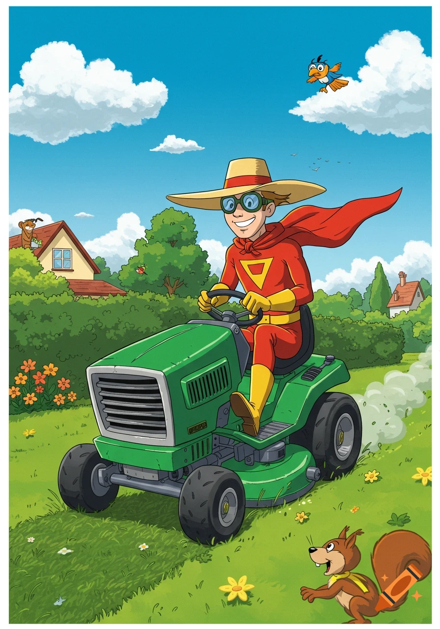 A smiling boy in a red superhero costume, straw hat, and goggles drives a green riding lawnmower across a sunny yard with a squirrel.