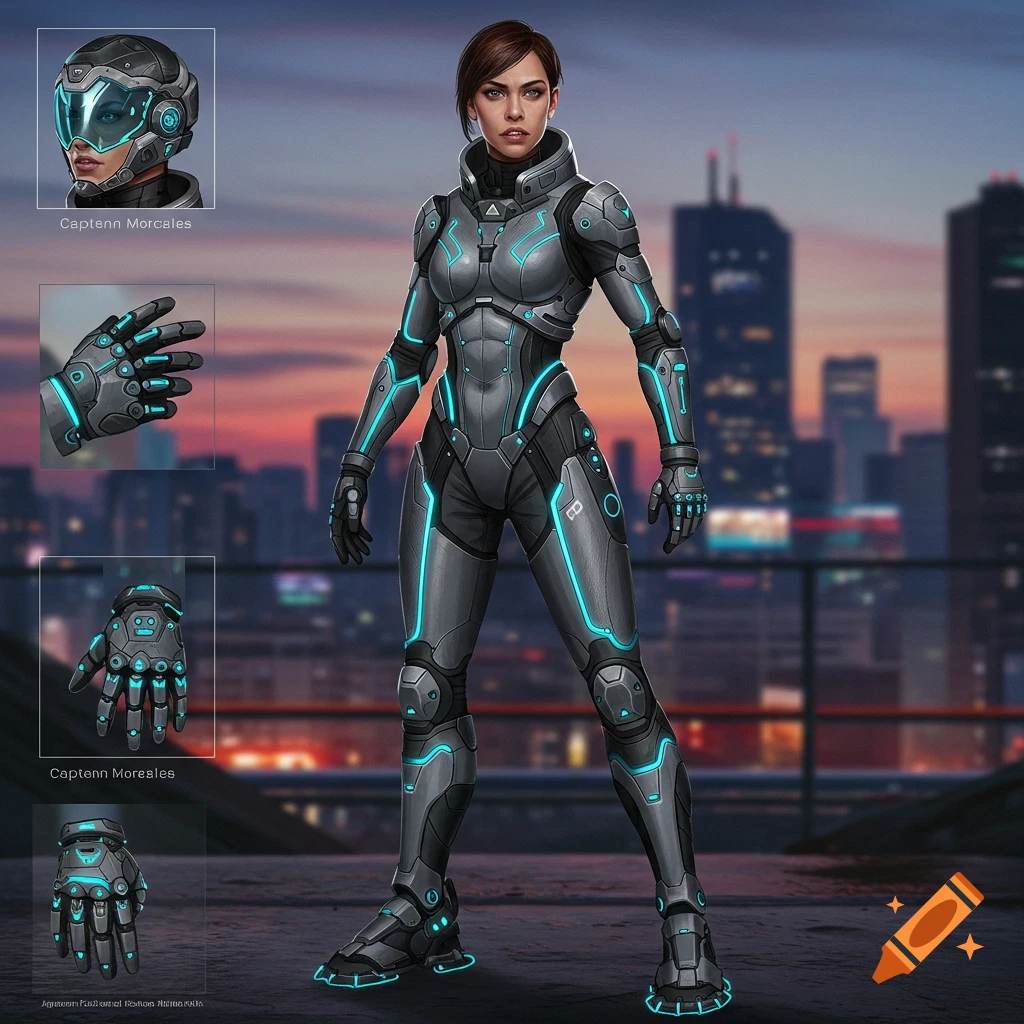 Full-body concept art of a woman in a futuristic grey and black combat suit with glowing blue accents, with detailed insets of her helmet and gloves.