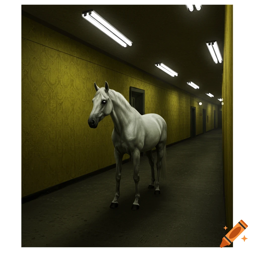 A white horse stands in a long, dimly lit yellow hallway with fluorescent lights, a scene in the Backrooms style.
