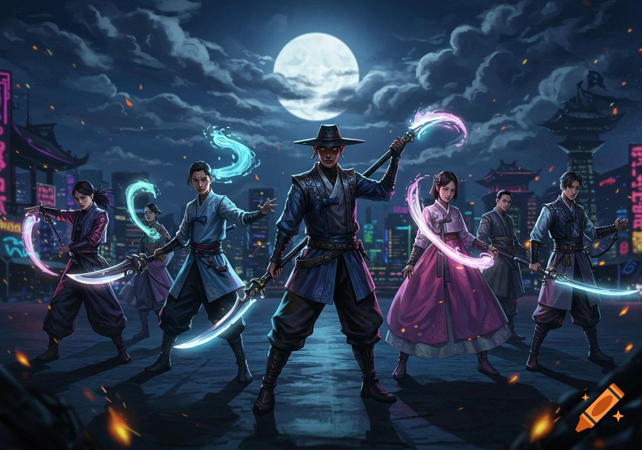 Seven stylized demon hunters in traditional Korean-inspired attire with glowing weapons stand against a futuristic city backdrop under a full moon.