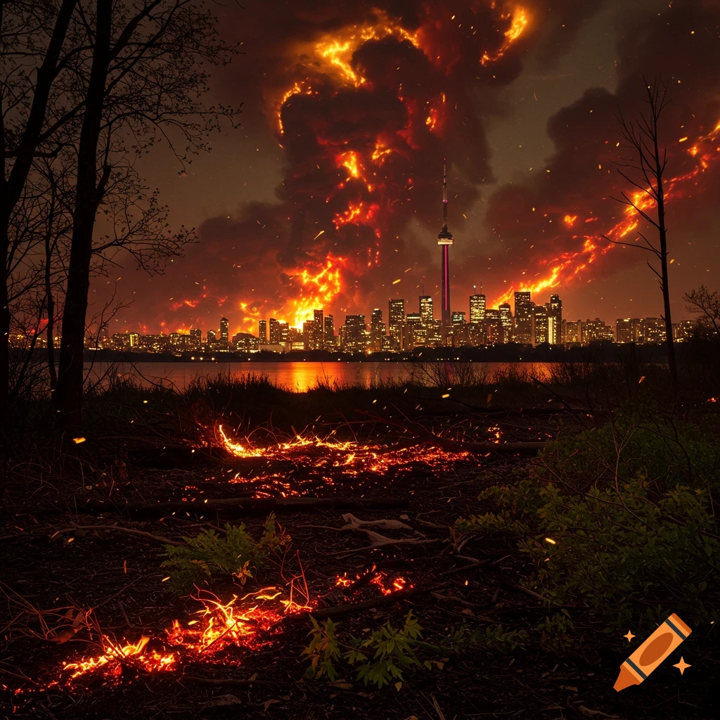Toronto skyline under a massive fiery cloud, with burning debris in the foreground and the CN Tower visible.