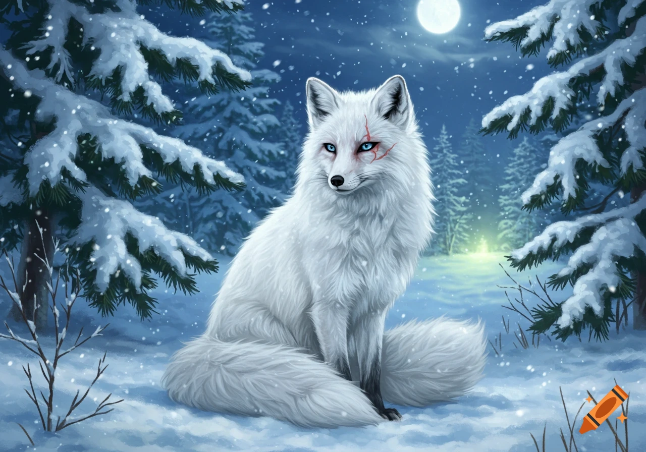 A white fox with blue eyes and a red scar on its face sits in a snowy forest at night under a full moon.