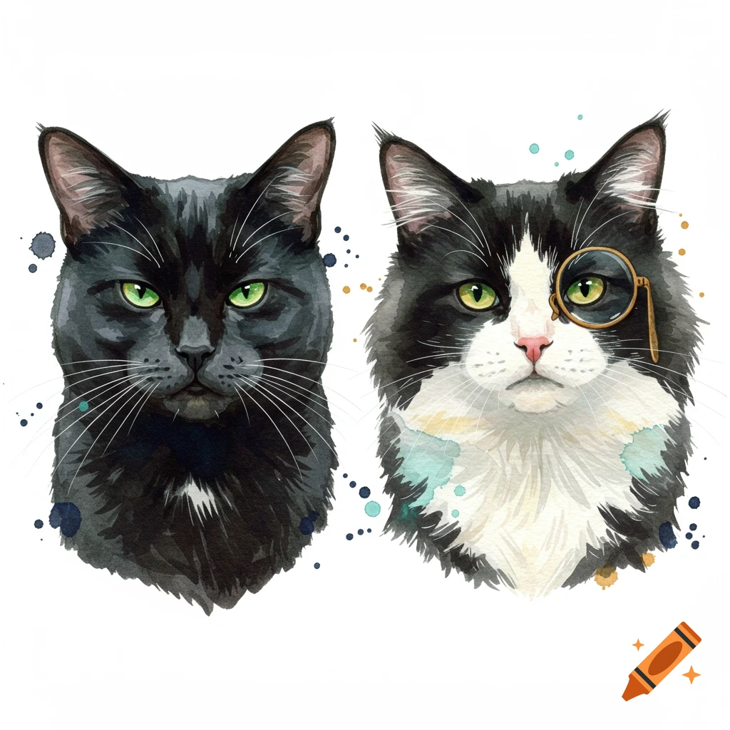 Watercolor portraits of two cat heads, one black and one black and white with a monocle, on a white background.