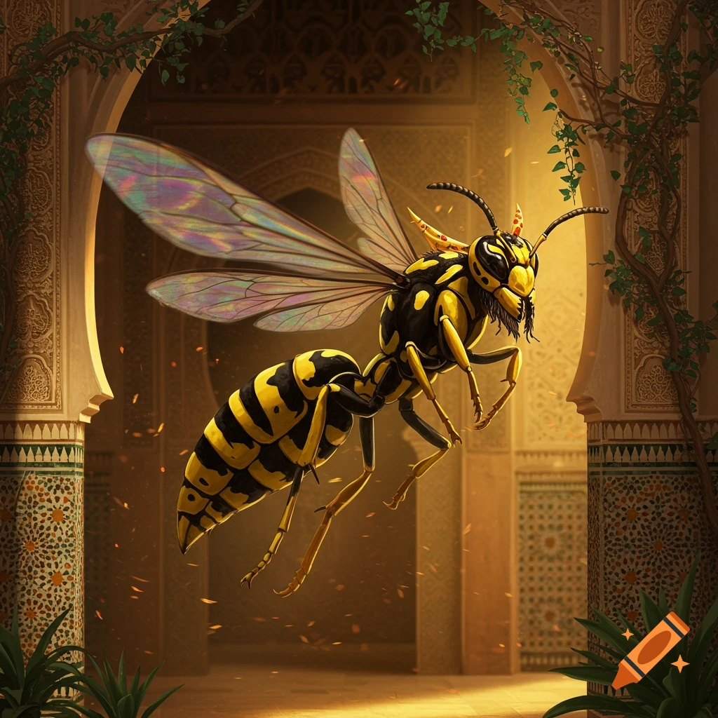 A large, anthropomorphic wasp with a human-like bearded face and translucent wings flies through ornate Moroccan architecture.