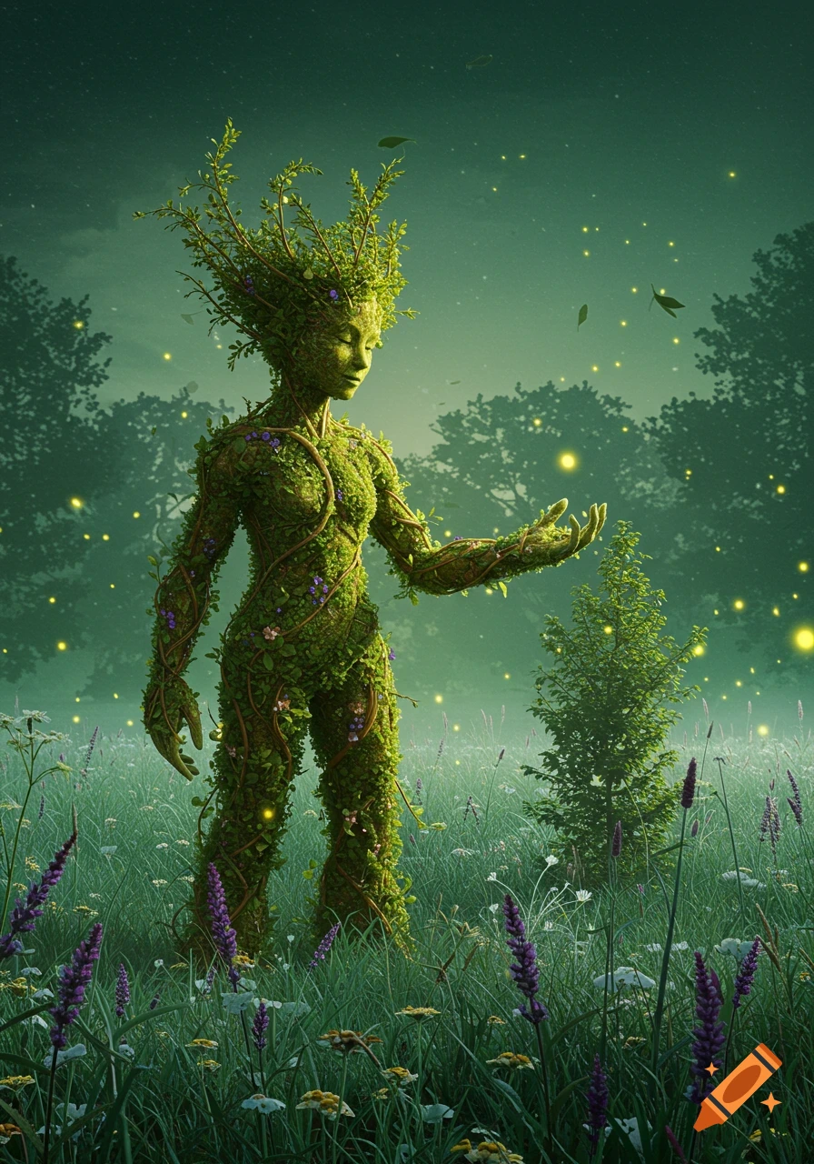 A mystical, human-shaped figure made of leaves and vines stands in a misty forest meadow with fireflies.