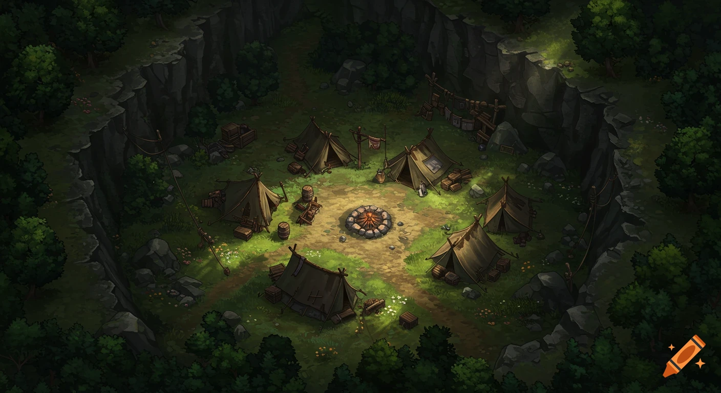 Isometric fantasy battlemap of a warcamp with tents and a central campfire in a forest clearing surrounded by cliffs.