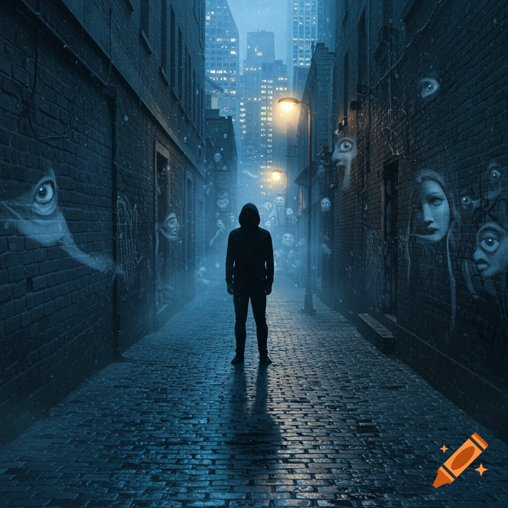 A lone figure in a dark, misty alley surrounded by ghostly faces and eyes on the walls, with a city skyline in the background.