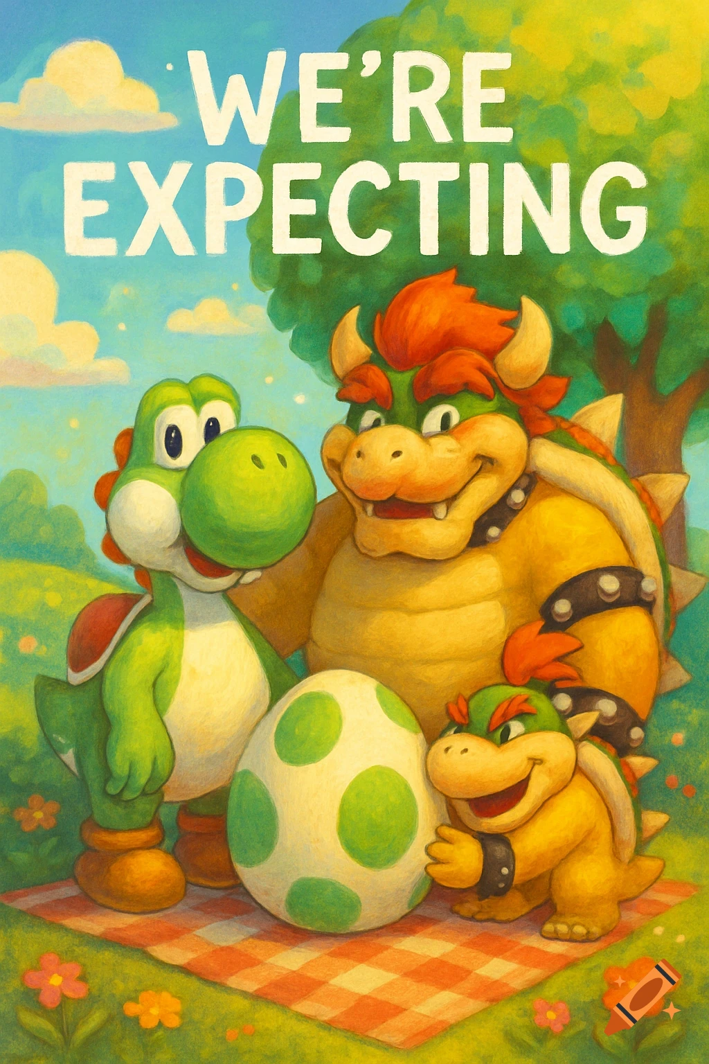 Yoshi, Bowser, and Bowser Jr. pose with a large Yoshi egg on a picnic blanket, under text 'WE'RE EXPECTING' in a colorful, painted style.