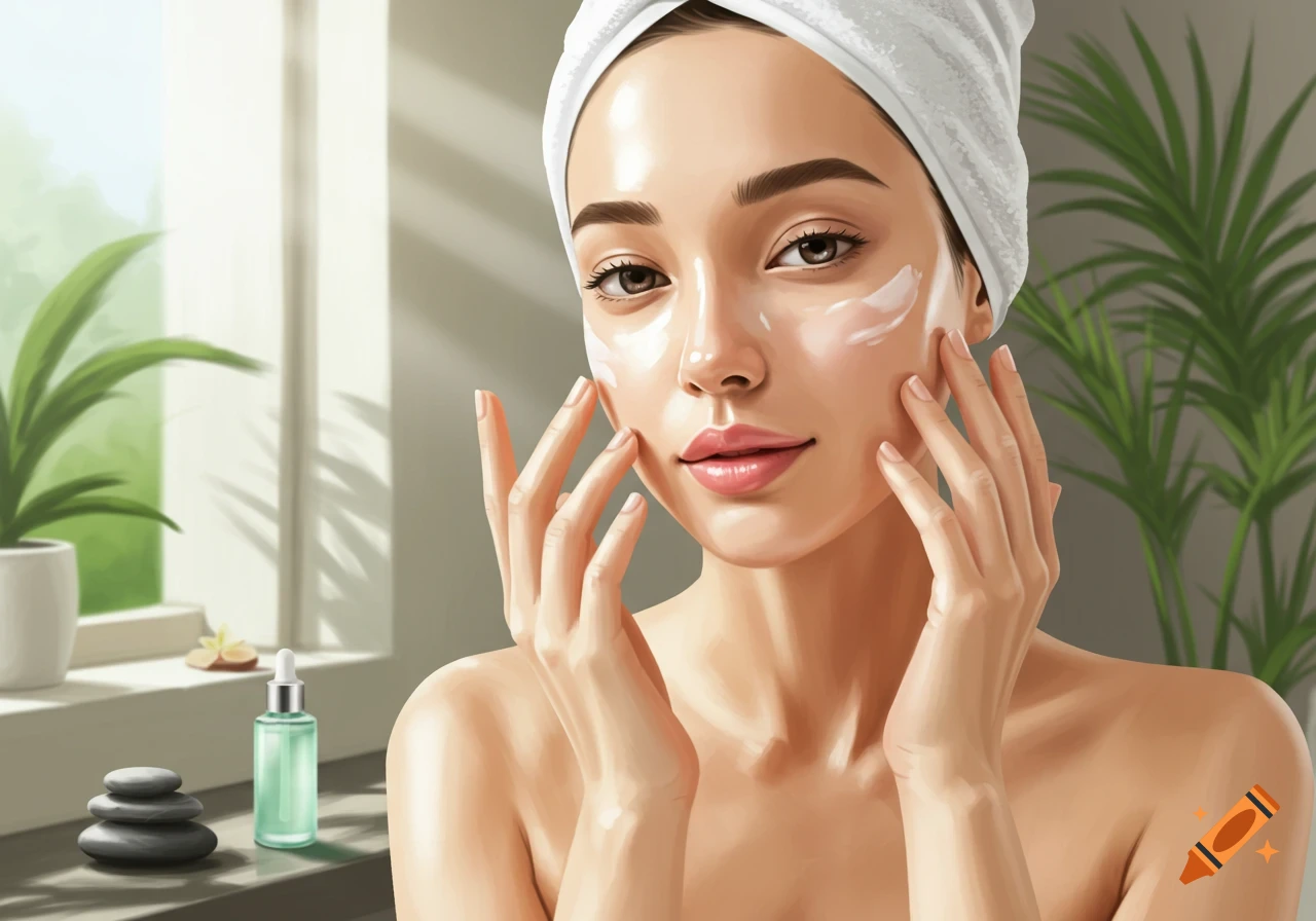 A young woman with a towel on her head applies face cream as part of her skincare routine, depicted in a bright digital painting.