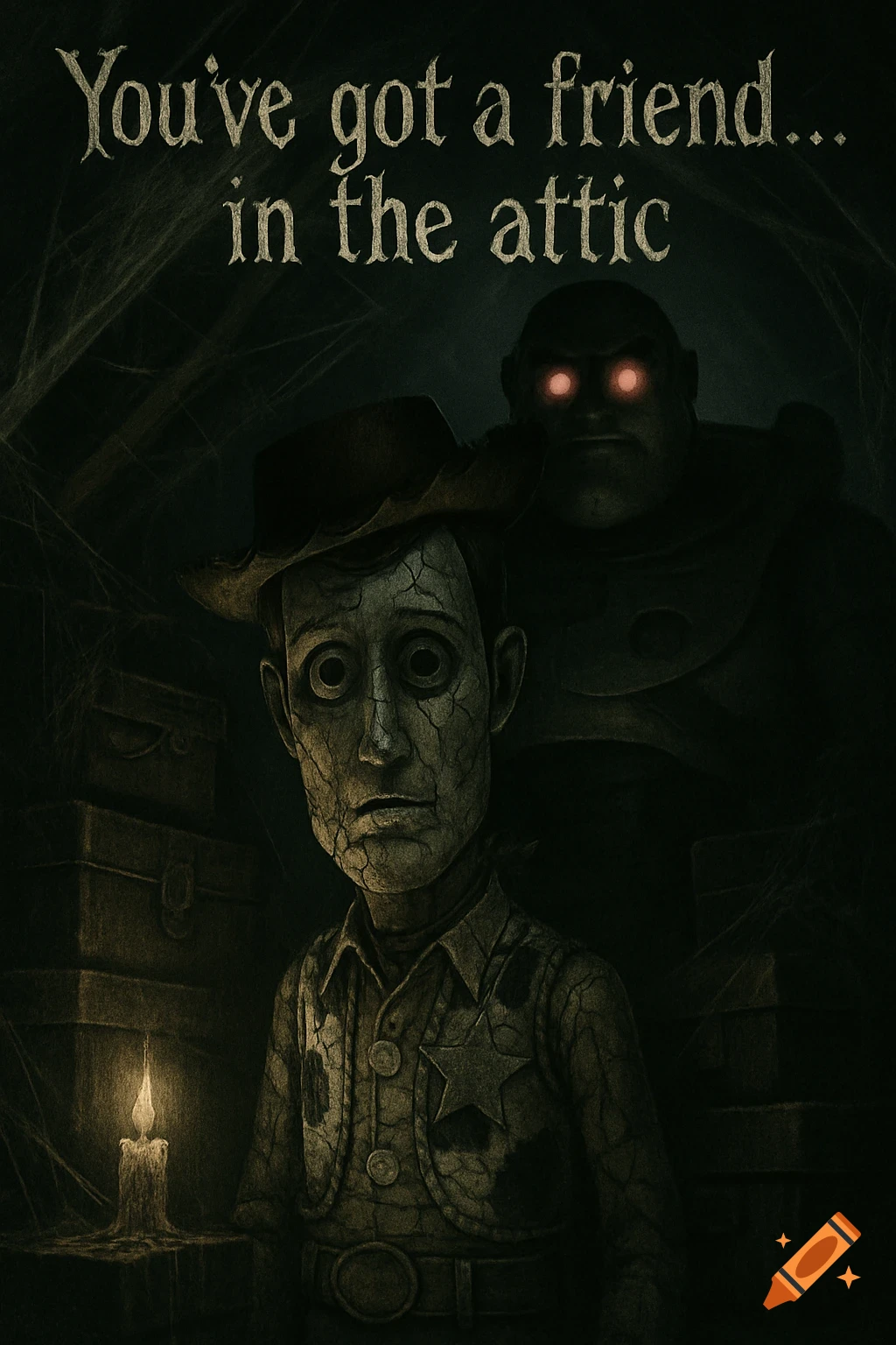 A gothic horror movie poster showing a cracked Woody doll, with Buzz Lightyear with red glowing eyes behind him, in a dark, cobwebbed attic.