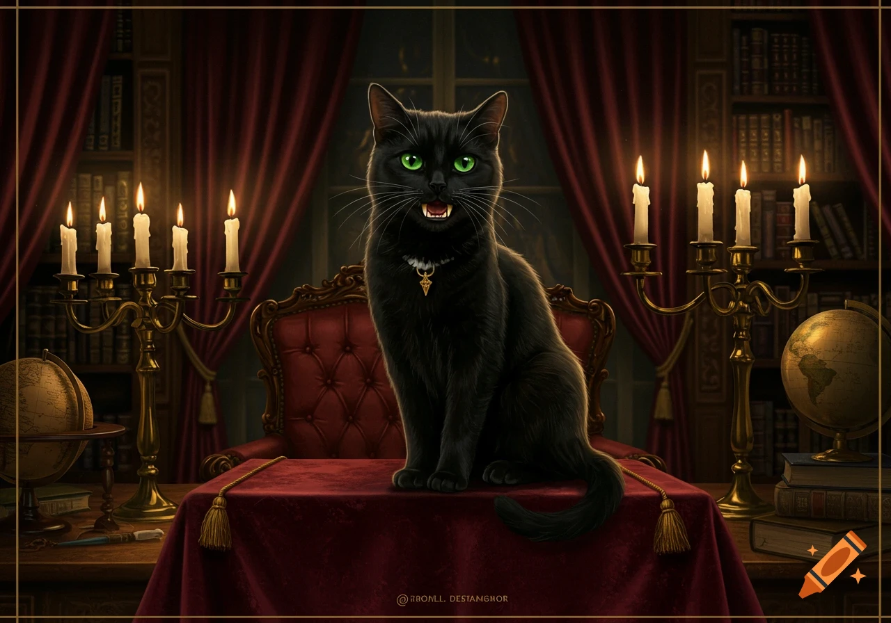 A majestic black cat with glowing green eyes and golden fangs sits regally on a red velvet table in a candlelit, gothic library.