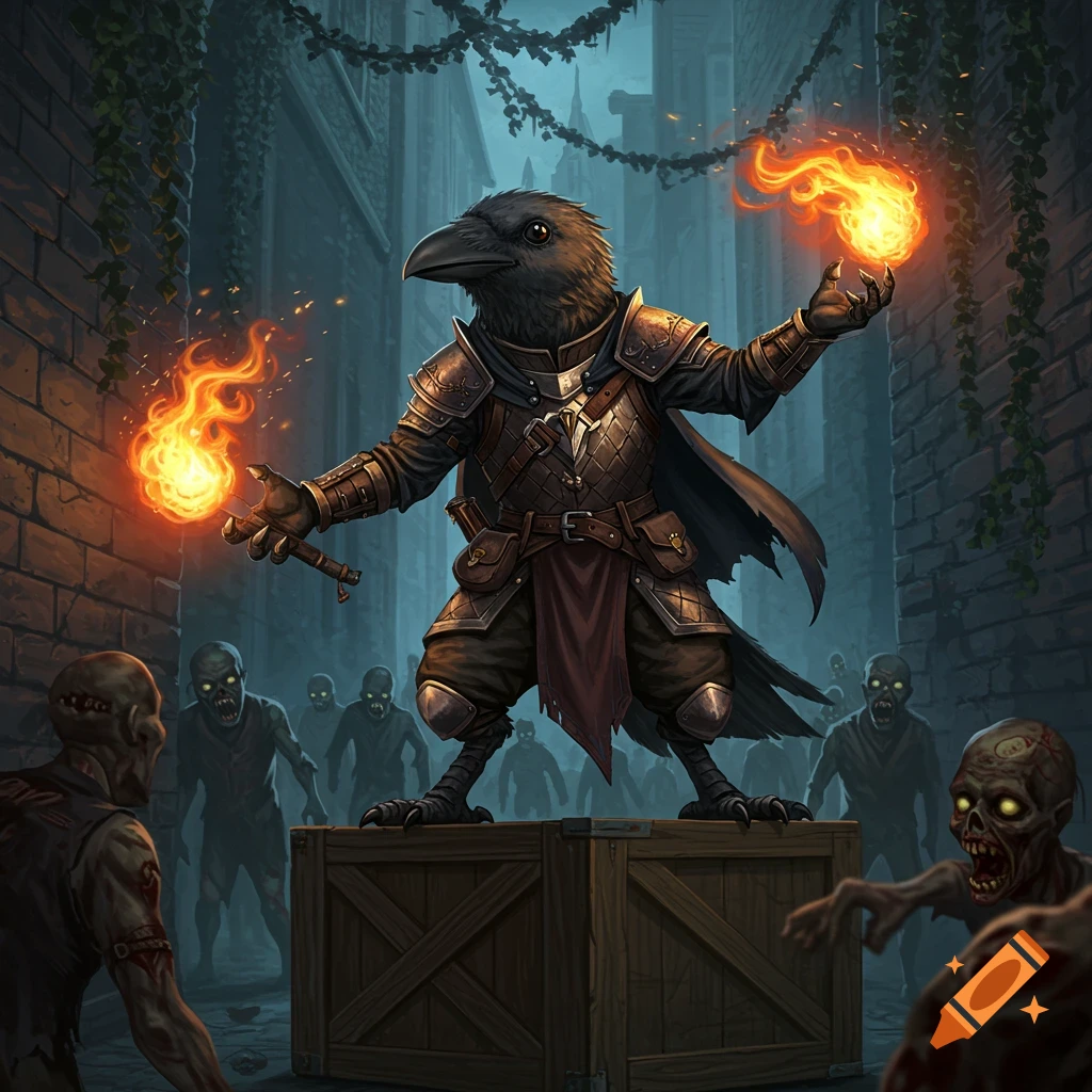 Armored crow person on a crate casts fire spells at approaching zombies in a dark, grimy alleyway. Fantasy art.
