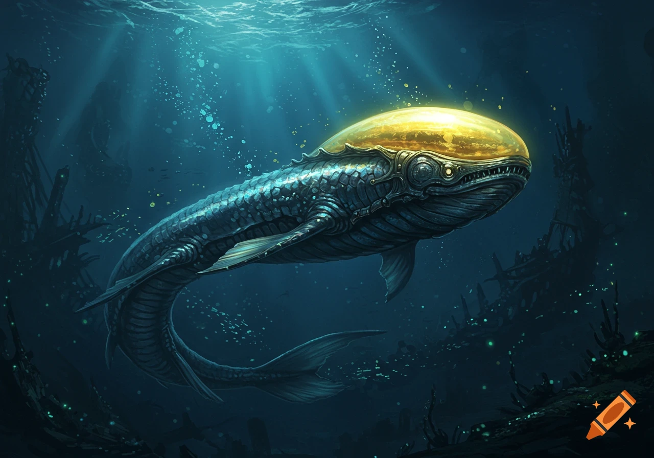 A detailed dark fantasy painting of an aquatic creature with dark scales and a glowing golden head, swimming in deep blue water.