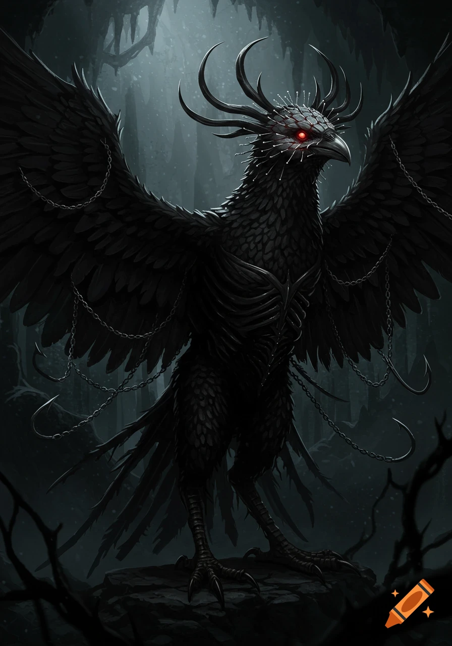 A dark, menacing bird-like creature with pins in its head, exposed ribs, and chains, standing in a gloomy, misty environment.