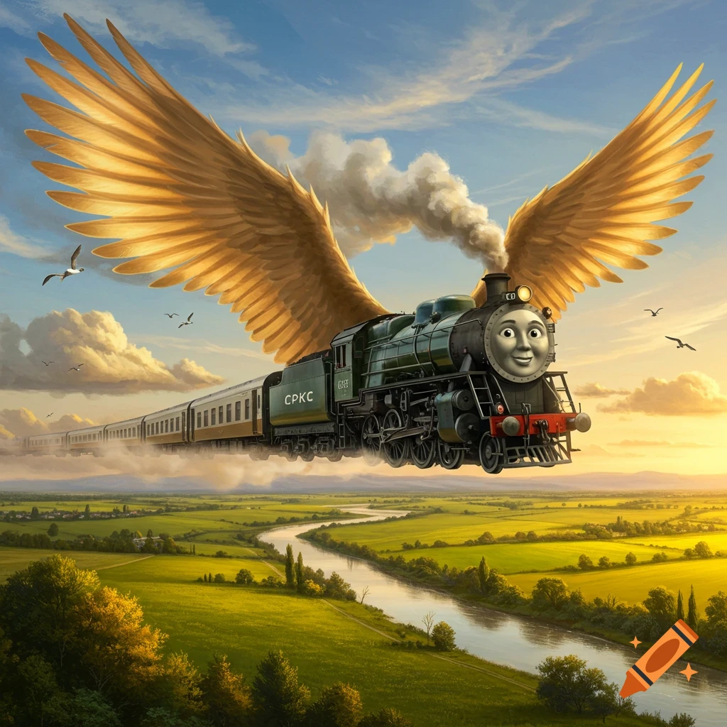 A green steam train with golden wings and a cartoon face flies above a green landscape with a river at sunset.