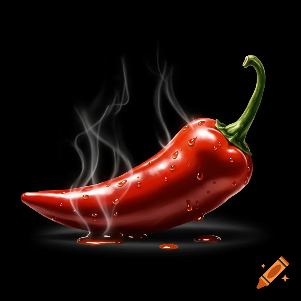 A vibrant red chili pepper with steam rising and water droplets, set against a black background.