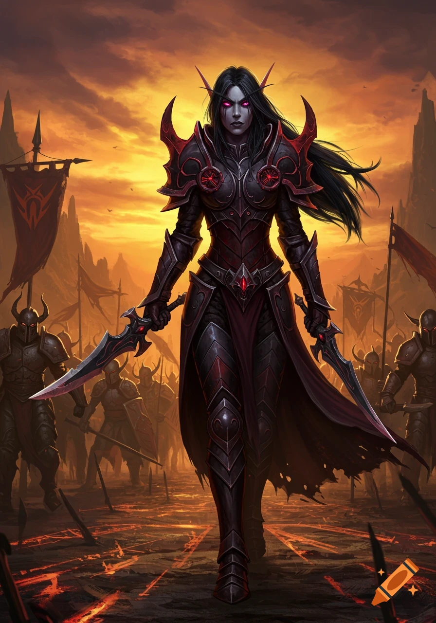 A dark fantasy illustration of a black-haired blood elf warrior in black and red armor, holding two swords on a battlefield.