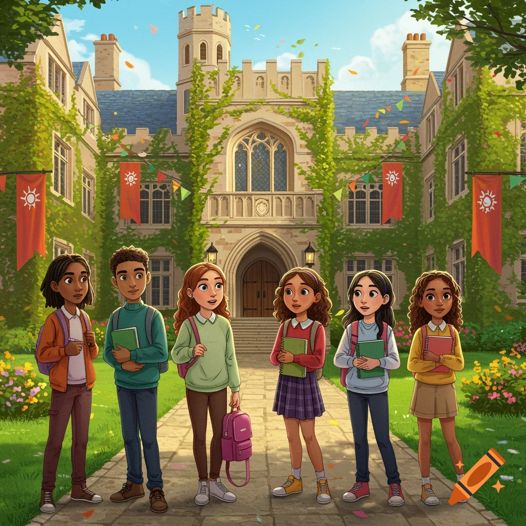 Six diverse cartoon students with books and backpacks stand in front of a large ivy-covered school building under a sunny sky.