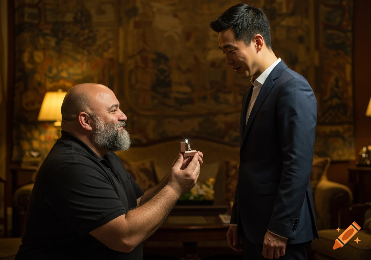 Bald, bearded man on one knee proposes with a sparkling ring to a slim man in a suit in a warm, richly decorated room.