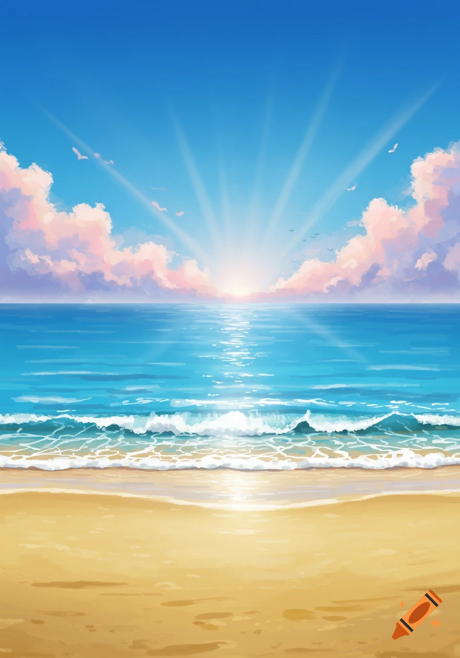 Vibrant illustration of a sunny beach with blue ocean waves, golden sand, and a bright sunburst in the sky.