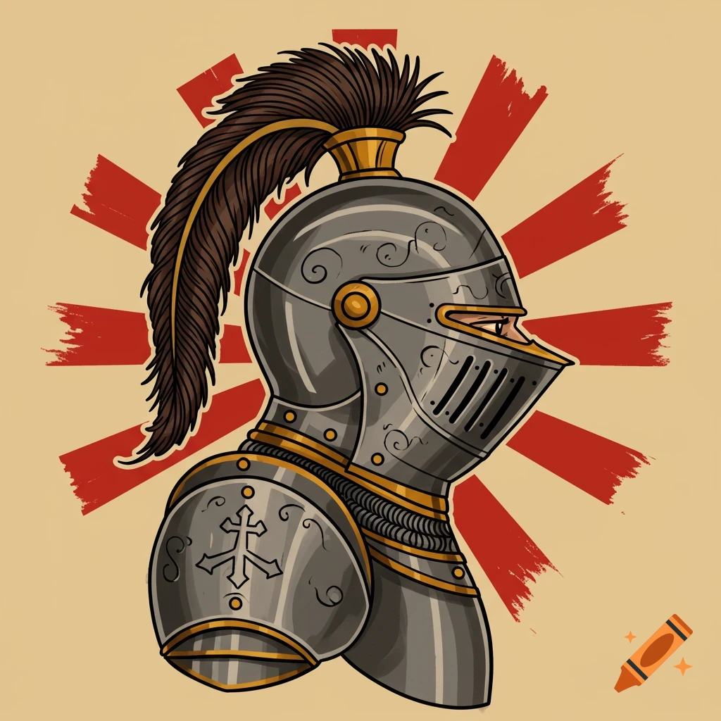 American traditional tattoo style illustration of a knight's helmet with a feathered plume, against a red sunburst.