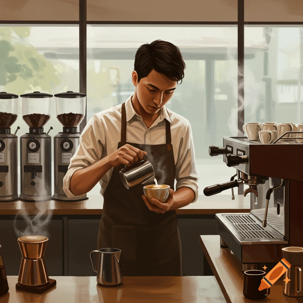 Illustrative image of a male barista in a coffee shop pouring steamed milk into a coffee cup for latte art.